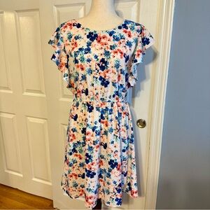 Merona A-Line Flutter Sleeve Dress M White Coral Floral Tie Back Summer Brunch